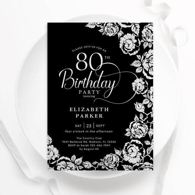 Elegant 80th Birthday Black Silver Roses Invitation (Creator Uploaded)