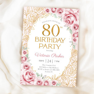Elegant 80th Birthday Blush Pink Gold Floral Invitation