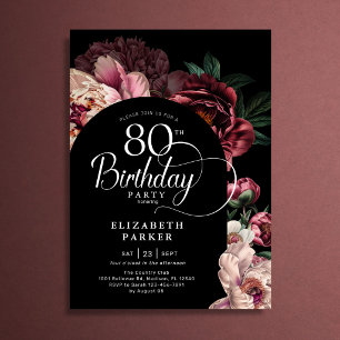 Elegant 80th Birthday Burgundy Pink Peonies Invitation