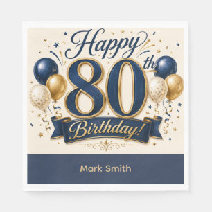 Elegant 80th Birthday Card Navy Blue and Gold Napkin