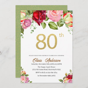 Elegant 80th  Birthday Celebration Watercolor Glit Invitation
