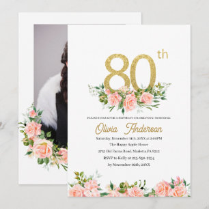 Elegant 80th  Birthday Celebration Watercolor Glit Invitation