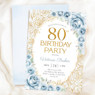 Elegant 80th Birthday Dusty Blue Gold Floral Invitation