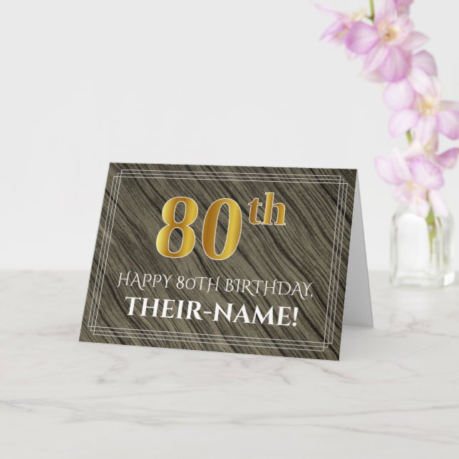 Elegant 80th Birthday: Faux Wood, Faux Gold Look Card (Orchid)