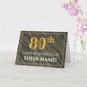 Elegant 80th Birthday: Faux Wood, Faux Gold Look Card