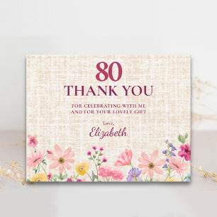 Elegant 80th Birthday for Her - Linen Floral Thank You Card