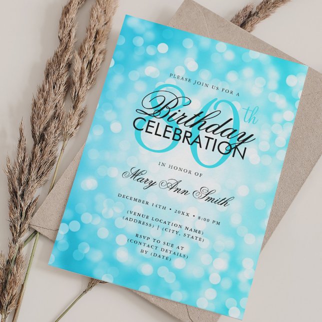 Elegant 80th Birthday Glam Turquoise Shimmer Light Invitation (Elegant 80th Birthday Glam Turquoise Shimmer Light Invitation)