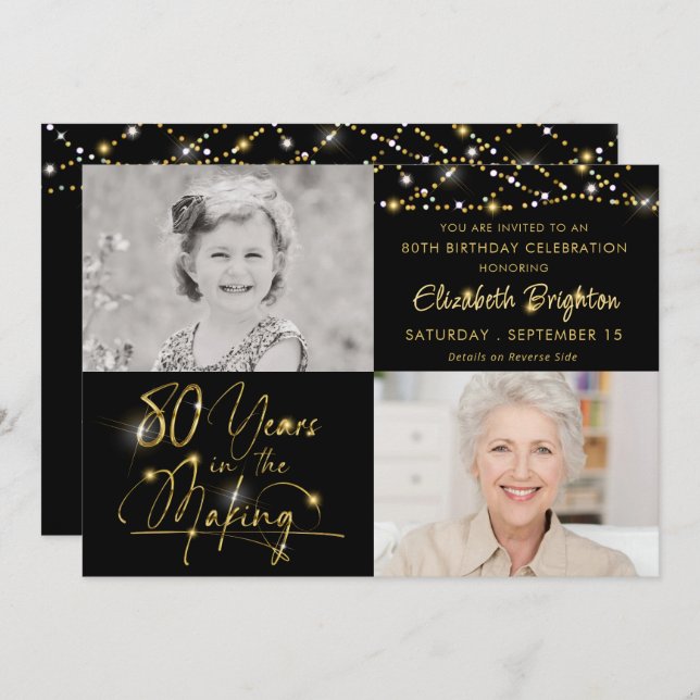 Elegant 80th Birthday Gold Lights Script 2 Photos Invitation (Front/Back)
