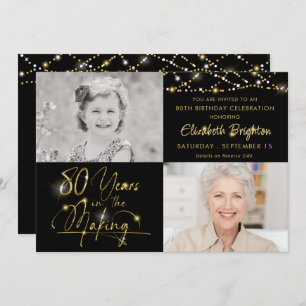 Elegant 80th Birthday Gold Lights Script 2 Photos Invitation