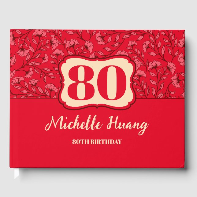 Elegant 80th Birthday Guest Book (RED) (Front)