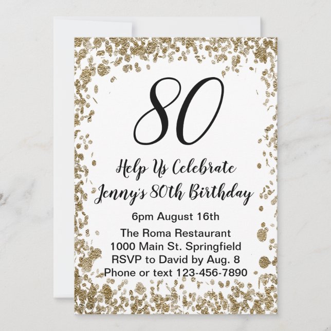 Elegant 80th Birthday Invitation For Her in Gold (Front)