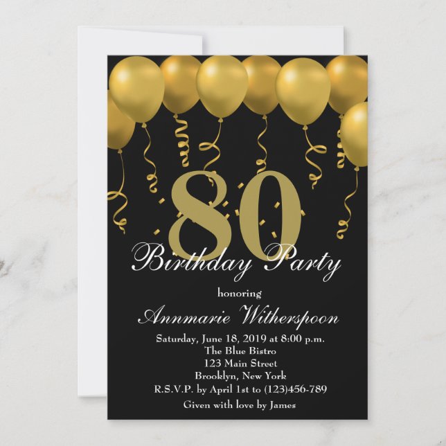 Elegant 80th Birthday Invitation Gold Balloons (Front)