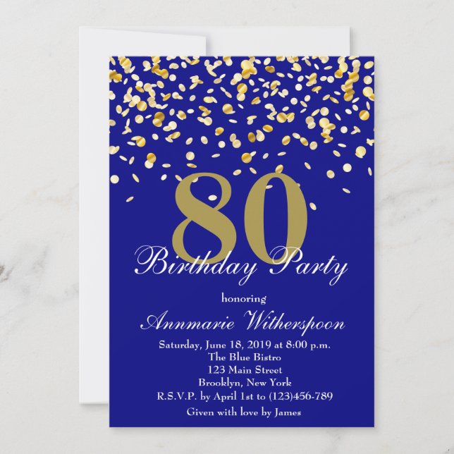 Elegant 80th Birthday Invitation Gold Confetti (Front)