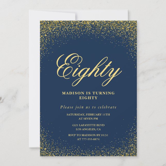 Elegant 80th birthday invitation Gold Navy Glam (Front)