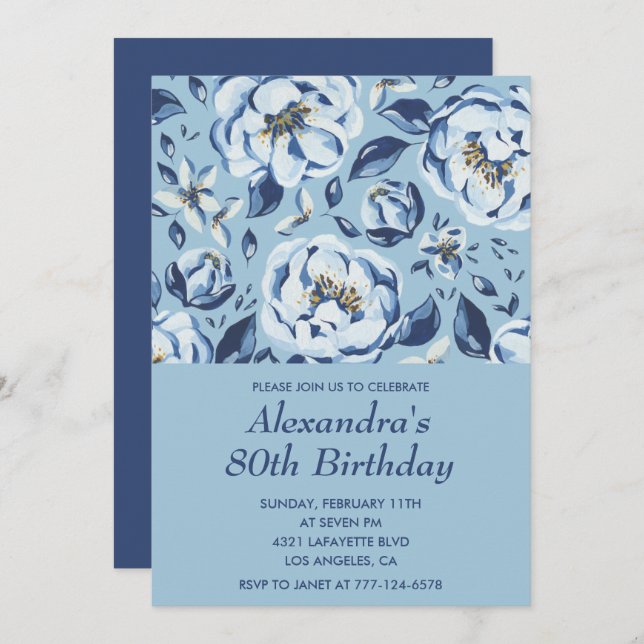 Elegant 80th birthday invitations Floral Blue (Front/Back)