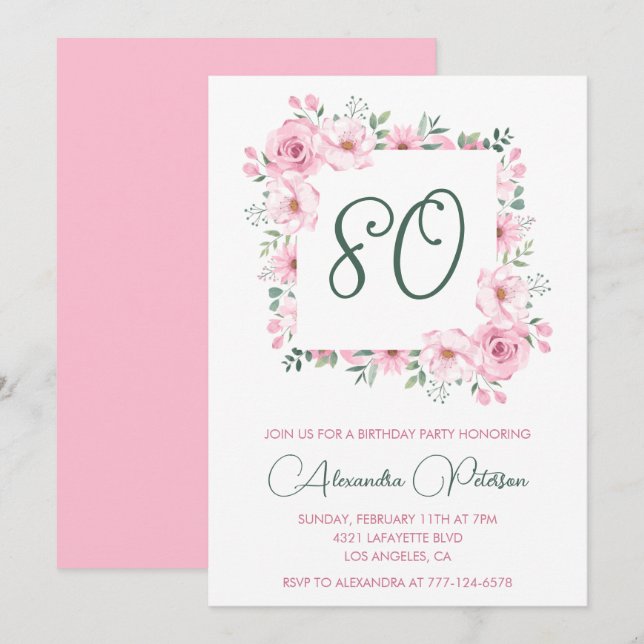 Elegant 80th birthday invitations Floral  Pink (Front/Back)