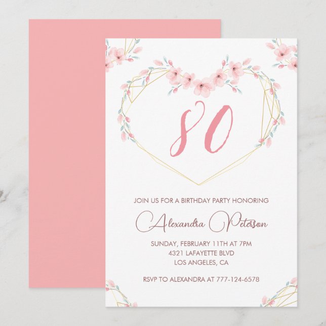 Elegant 80th birthday invitations Pink Floral  (Front/Back)