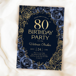 Elegant 80th Birthday Navy Blue & Gold Floral Invitation
