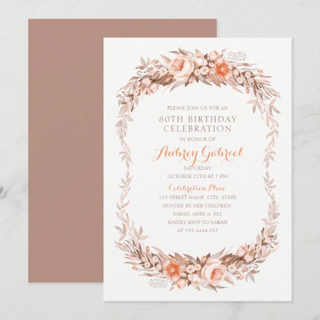 Elegant 80th Birthday Party Floral Fall Invitation (Front/Back)