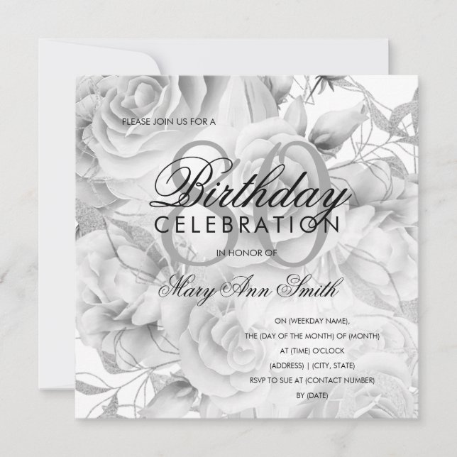 Elegant 80th Birthday Party Floral Silver White (Front)