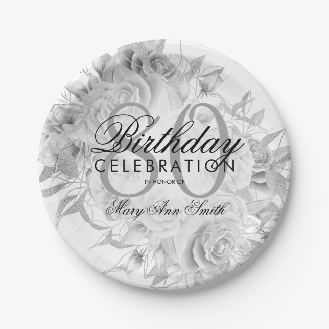Elegant 80th Birthday Party Floral Silver White Paper Plate (Front)
