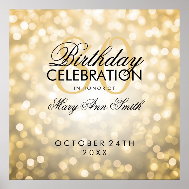 Elegant 80th Birthday Party Glitter Lights Gold Poster (Front)
