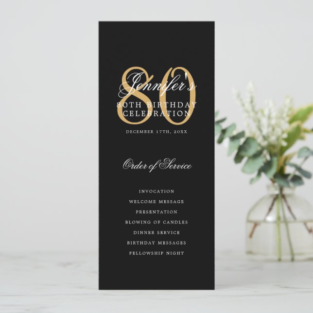 Elegant 80th Birthday Party Program Black Gold  Invitation (Standing Front)