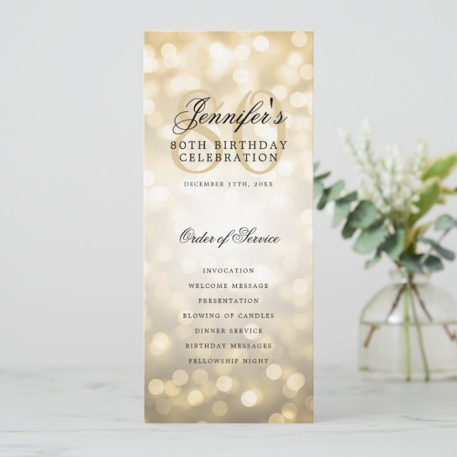 Elegant 80th Birthday Party Program Gold Bokeh Invitation (Standing Front)