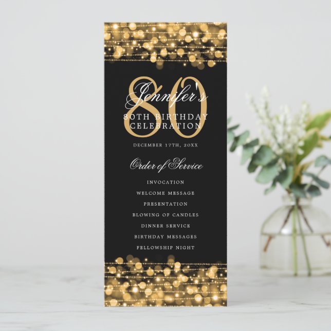 Elegant 80th Birthday Party Program Gold w/ Menu Invitation (Standing Front)