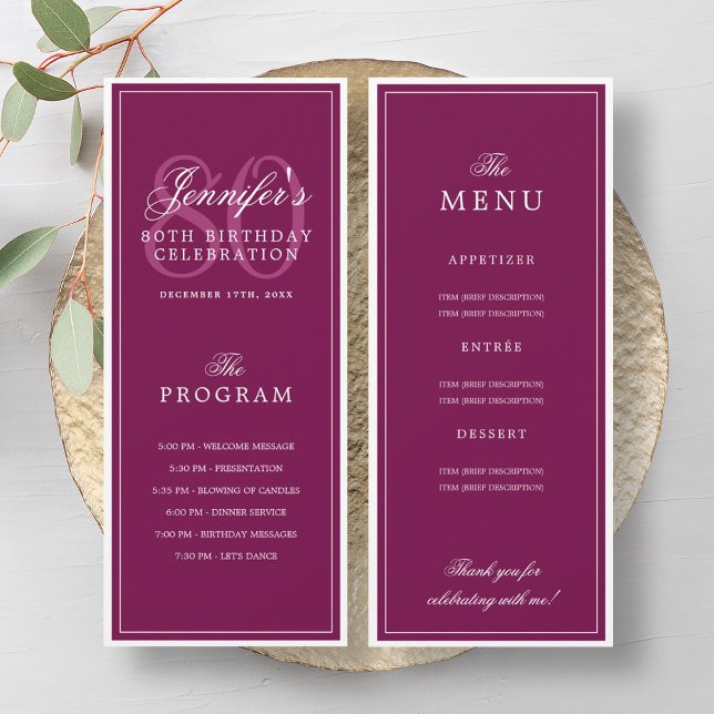 Elegant 80th Birthday Party Program + Menu Magenta Invitation (Creator Uploaded)