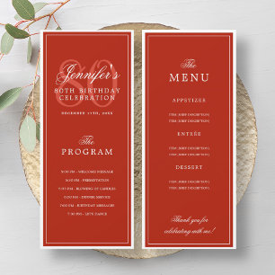 Elegant 80th Birthday Party Program Menu Red Invitation