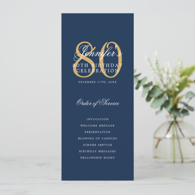 Elegant 80th Birthday Party Program Navy Gold  Invitation (Standing Front)