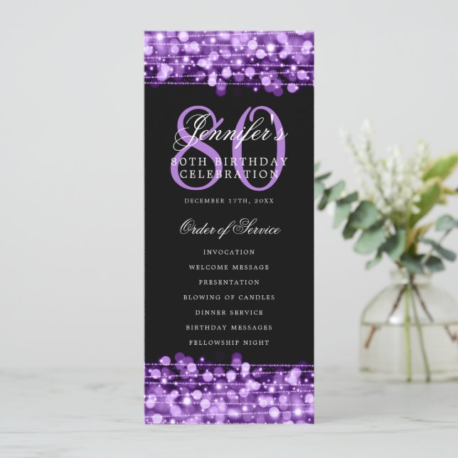 Elegant 80th Birthday Party Program Purple  Invitation (Standing Front)