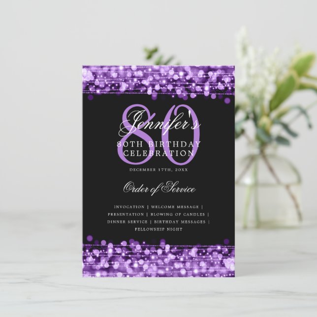 Elegant 80th Birthday Party Program Purple Menu Invitation (Standing Front)