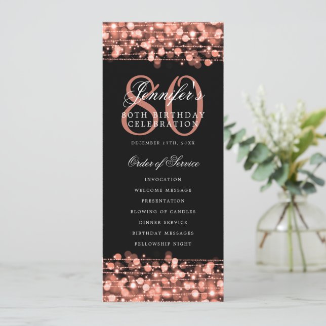 Elegant 80th Birthday Party Program Rose Gold  Invitation (Standing Front)