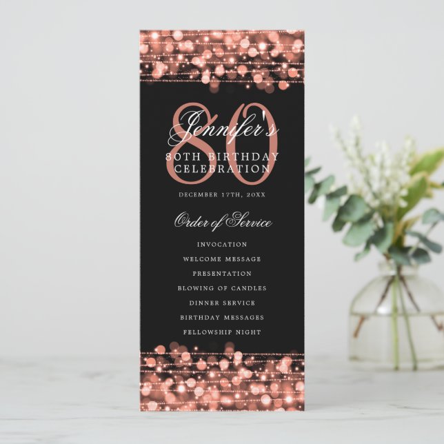 Elegant 80th Birthday Party Program Rose Gold Menu Invitation (Standing Front)
