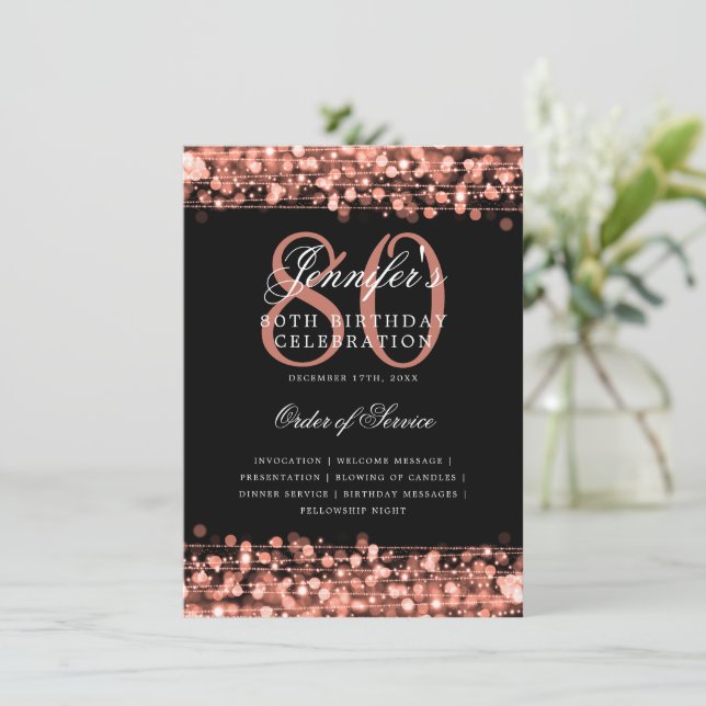 Elegant 80th Birthday Party Program Rose Gold Menu Invitation (Standing Front)