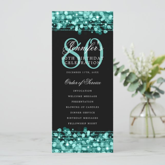 Elegant 80th Birthday Party Program Turquoise Menu Invitation (Standing Front)