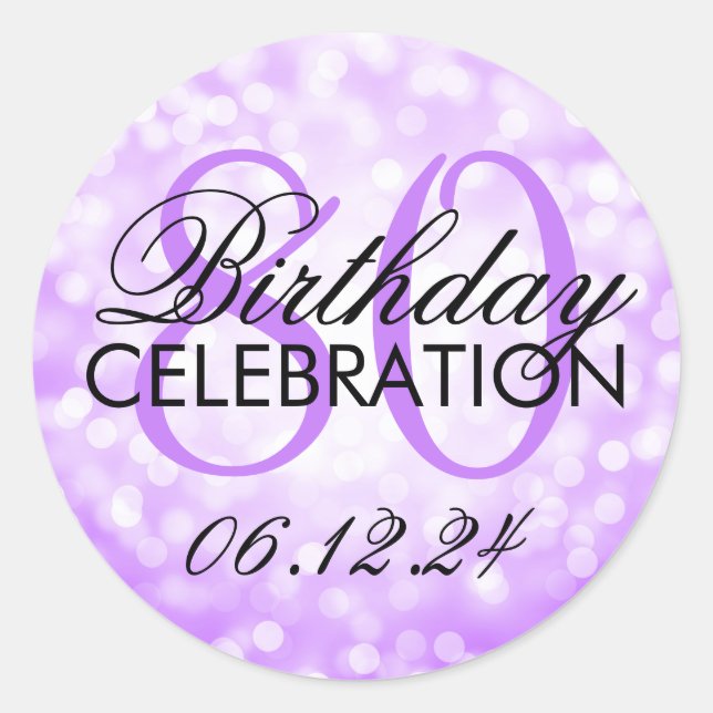 Elegant 80th Birthday Party Purple Glitter Lights Classic Round Sticker (Front)
