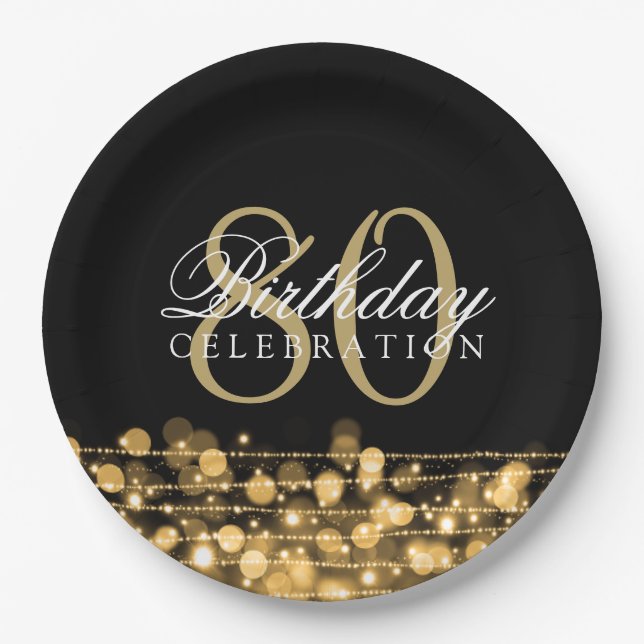Elegant 80th Birthday Party Sparkles Gold Paper Plate (Front)