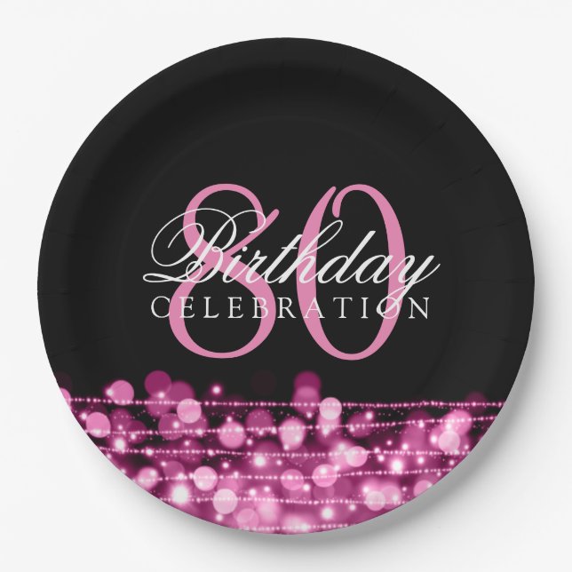 Elegant 80th Birthday Party Sparkles Pink Paper Plate (Front)