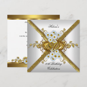 Elegant 80th Birthday Party White Daisy Gold Invitation