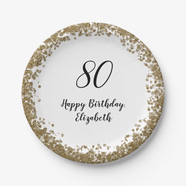 Elegant 80th Birthday Plates With Gold Sequins (Front)