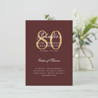 Elegant 80th Birthday Program Gold Burgundy Menu Invitation