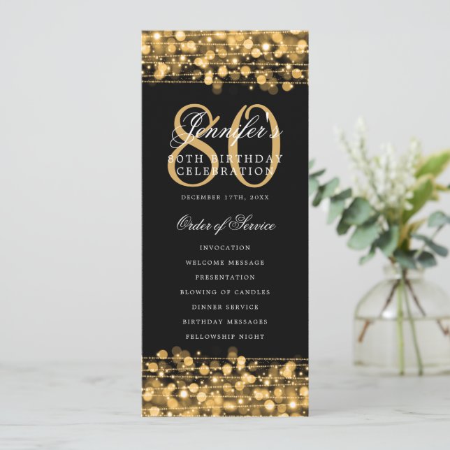 Elegant 80th Birthday Program Gold Menu+Thank You Invitation (Standing Front)
