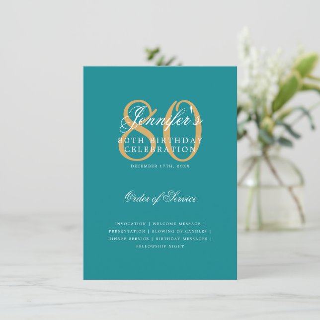 Elegant 80th Birthday Program Gold Turquoise Menu Invitation (Standing Front)