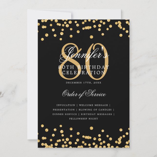 Elegant 80th Birthday Program Menu Gold Black Invitation (Front)