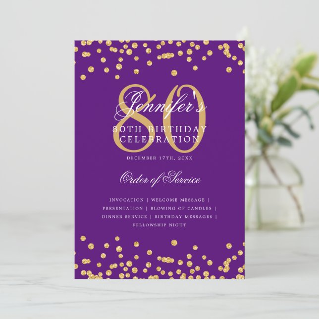 Elegant 80th Birthday Program Menu Gold Purple  Invitation (Standing Front)