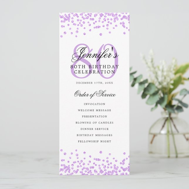 Elegant 80th Birthday Program Menu Purple  Invitation (Standing Front)
