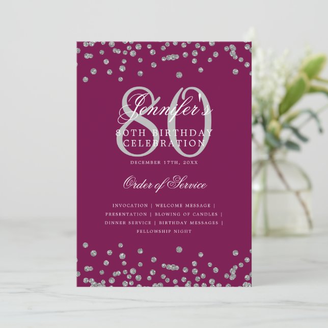 Elegant 80th Birthday Program Menu Silver Magenta Invitation (Standing Front)